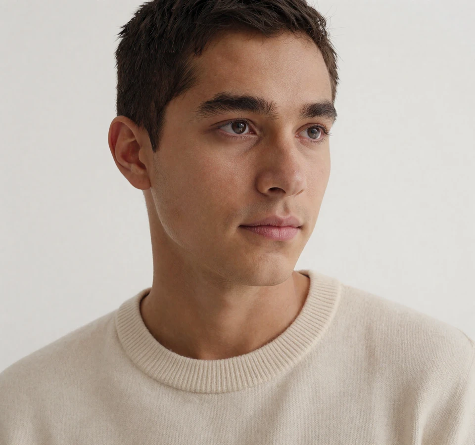 Calm portrait of a small penis dating member in a minimalist white studio, conveying quiet confidence