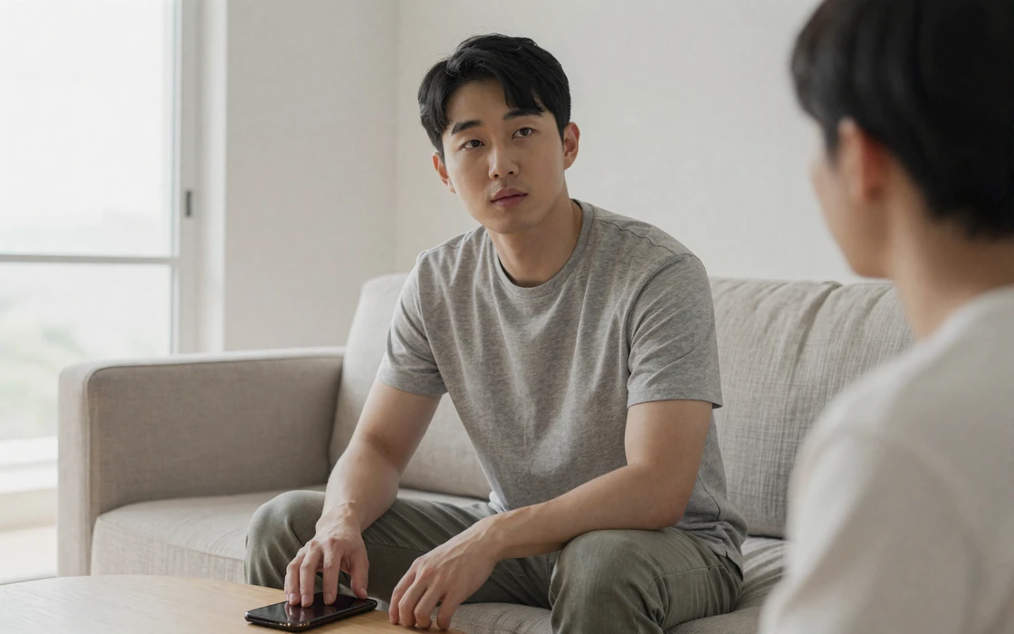 Man practicing being present during a conversation with his phone face down on the table, illustrating communication in marriage