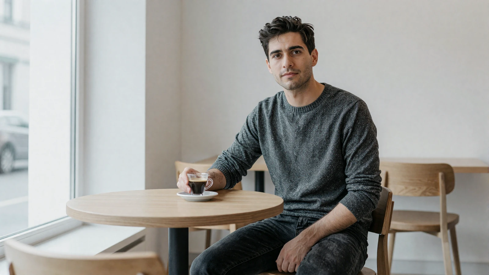 Quiet portrait of a founding team member of the niche dating site, minimalist white studio