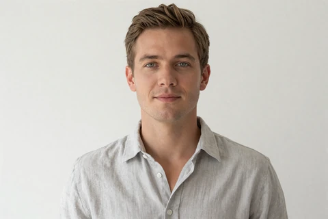 Daniel, a 31-year-old member of the small penis dating community, in a minimal white studio portrait
