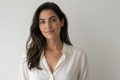 Beatrice, verified partner member, in a calm editorial portrait with warm neutral tones