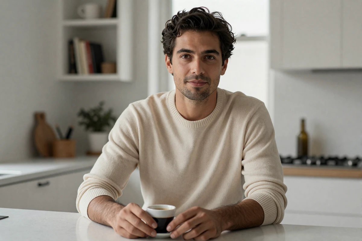 Calm, neutral portrait of a small penis men community member in a minimalist white studio, quiet confidence