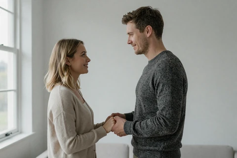 Hannah and Theo, a couple who met through the niche dating community, in a calm minimalist portrait