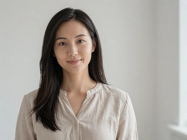 Iris, a 38-year-old SPH video chat community member, minimal portrait on a pale background