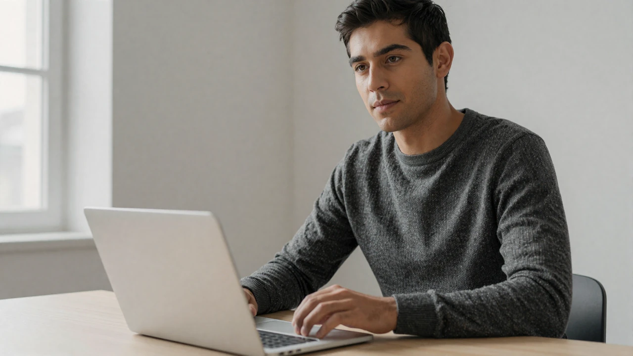 Calm lifestyle portrait of a small penis chat member preparing for a private SPH video chat at a minimal desk