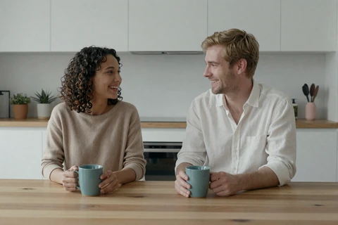 Noa and Sam, a couple who met through the inclusive dating app chat rooms, in a calm lifestyle portrait