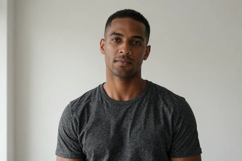 Luke, a small penis dating platform member, photographed in neutral daylight against white